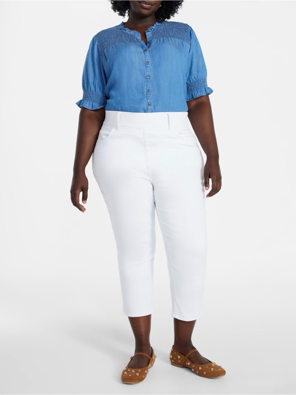 White Pull On High Rise Capri Jeans / Jeggings, 23" Inseam